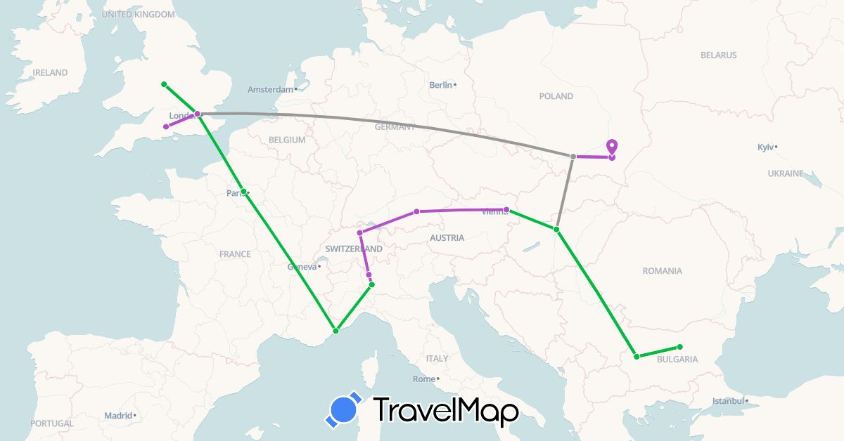 TravelMap itinerary: driving, bus, plane, train in Austria, Bulgaria, Switzerland, Germany, France, United Kingdom, Hungary, Italy, Poland (Europe)